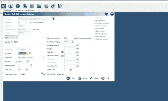 Screenshot of Jonas Construction Software interface with fields for 'setup & print ap invoice batches'. Fields include supplier id, company and date. This forms part of our comprehensive construction accounting software, complete with a navigation menu for easy use.