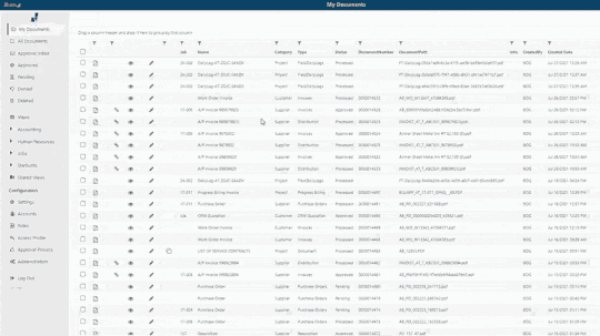 Screenshot of Jonas Construction Software interface showcasing a comprehensive table with separate columns for document type, status, title, description, and modified date each filled with a variety of entries specific to job project management in the construction industry.