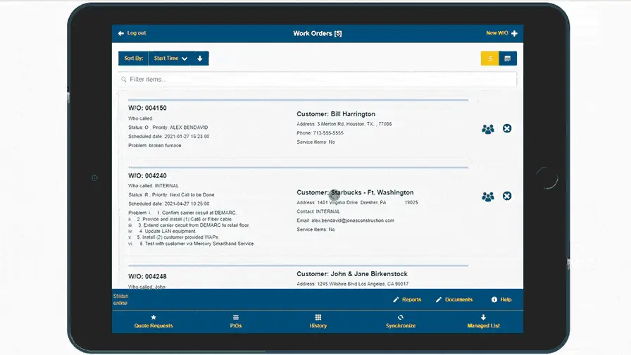 Tablet screen showing a list of open work orders with customer, address and problem description