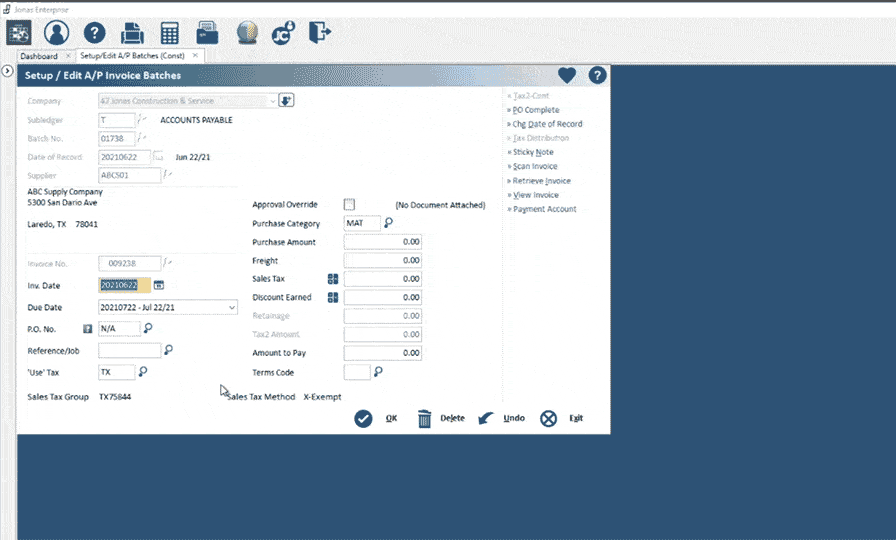 Screenshot of Jonas Construction Software interface with fields for 'setup & print ap invoice batches'. Fields include supplier id, company and date. This forms part of our comprehensive construction accounting software, complete with a navigation menu for easy use.