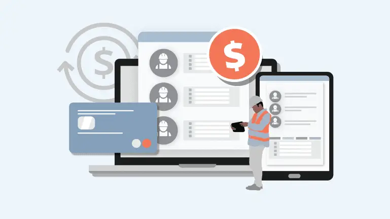 Illustration: A person wearing a hard hat and safety vest stands in front of oversized electronic devices, including a laptop, tablet, and credit card. The screens display profiles of workers, a dollar symbol, and circular arrows representing money flow or transactions. This image reflects the automation potential in accounting and payroll amid the construction labor shortage.