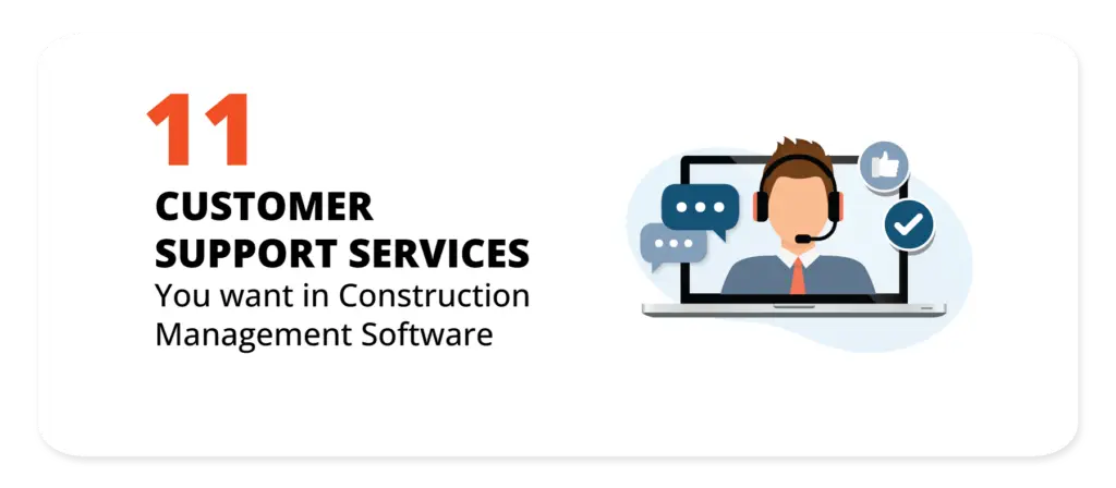 Alt text: A graphic titled "11 CUSTOMER SUPPORT SERVICES You Want in Construction Management Software" next to an illustration of a person with a headset on a laptop screen. The person is speaking through speech bubbles containing thumbs-up and checkmark icons. The background is white with rounded edges.
