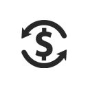 Icon depicting financial transactions in construction accounting software, featuring a dollar sign encircled by two arrows on a solid green background.