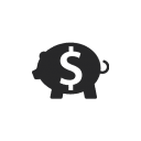 An icon depicting a black silhouette of a piggy bank with a dollar sign, representing financial savings and accounting themes for specialty contractors in the construction industry.