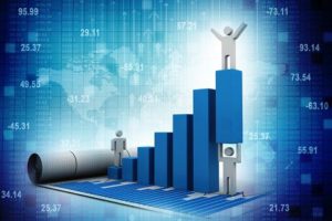 An illustrative image representing Jonas Construction Software's integrated solution where a 3D bar chart is progressively getting taller, being manually adjusted by a wrench for improvements. A robot signifying automation is situated next to the chart indicating seamless work processes. This is coupled with financial numbers floating in the background symbolizing Accounting & Payroll features, while construction plans on the left side represent Job Project Management and Service Management.