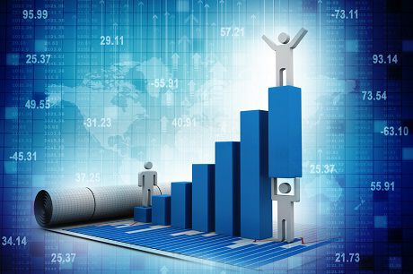 An illustrative image representing Jonas Construction Software's integrated solution where a 3D bar chart is progressively getting taller, being manually adjusted by a wrench for improvements. A robot signifying automation is situated next to the chart indicating seamless work processes. This is coupled with financial numbers floating in the background symbolizing Accounting & Payroll features, while construction plans on the left side represent Job Project Management and Service Management.