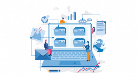 Three miniature figures engaging with digital graphs and documents on a large laptop screen, representing the powerful data analysis and remote collaboration capabilities of Jonas Construction Software.