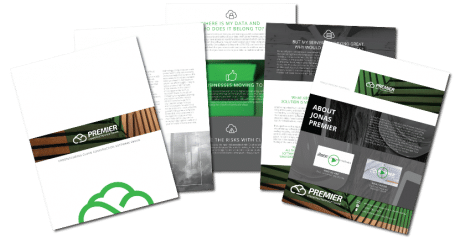 Array of assorted corporate brochures and documents in green and black branding, featuring the Premier logo. Includes folded leaflets and flat sheets with various text and images related to Jonas Construction software services.