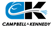The alt text for the image is: "Logo for Campbell & Kennedy specialty contractors, showcasing blue stylized 'ck' initials with a white electric spark symbol, next to the full company name in black text.