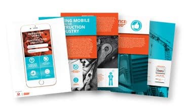 Alt text: Multiple marketing brochures with vibrant graphics and construction-related text, displayed in a fan shape. An adjacent smartphone showcases a construction app tailored for specialty contractors.