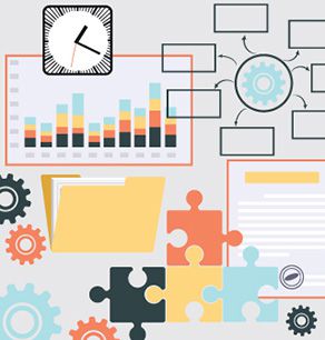 Alt text: Project management illustration featuring mechanical contractors coordinating tasks on Jonas Construction Software, symbolized by a clock, bar chart, gears and puzzle pieces. There are also documents indicating planning and strategy activity. The colors used are pastel on a simple gray background.