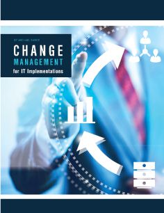 Alt text: Businessman in a suit interacts with a digital interface filled with communication and database management icons, depicted on the cover of 'Change Management for IT Implementations in Construction Software' by Michael Tanner. The book is a resource for mechanical and specialty contracts on Jonas Construction Software's services including Accounting & Payroll, Job Project Management, and Service Management.