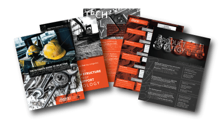 Alt text: A collection of digital magazine covers about technology, product strategy, construction and design are vividly displayed on multiple tablet screens. The graphic visual content showcases various themes related to specialty contractors and industrial design. The richly colored graphics contrast strikingly in shades of vibrant orange, deep black, and cool blue.