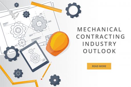 Alt text: This illustration showcases various elements associated with the mechanical engineering industry - intricate blueprints, sketching pencils, industrial cogwheels and a modern tablet. Artistic emphasis is placed on the text "Mechanical Contracting Industry Outlook", symbolising our software's focus on updating users about current trends within construction accounting.