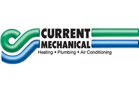 Alt text: "Logo of Current Mechanical – features a stylized wave in shades of green and blue positioned above the company name. The services they offer including heating, plumbing, air conditioning, and mechanical contracting are listed below in black text.