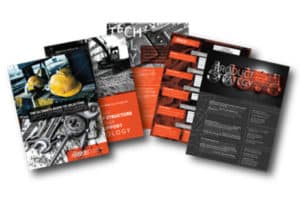 Alt text: Three industry-focused magazines displayed side by side, illustrating striking photographs of heavy machinery, gears, and construction apparatus on the covers. The titles and additional text are written in contemporary bold fonts. These editions underline subordinate contractor themes in the construction sector.