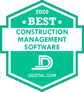 Alt text: A vibrant green emblem showcasing Jonas Construction Software's recognition as "2020 best construction management software for specialty contractors." Awarded by digital.com, a white stylized letter 'd' in a hexagonal frame is at the centre, signifying the digital platform.