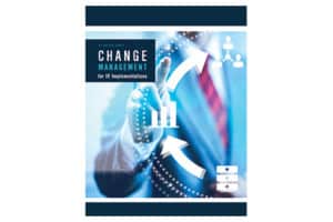 Alt text: "The book cover for 'Change Management for IT Implementations in Mechanical Contracting' featuring an image of digital arrows circling a blurred figure, dressed in a suit. This illustrates the concept of process and adaption within a corporate environment.