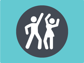 Alt Text: Icon of two stylized figures depicted in a simple line art style, one dressed in pants and the other in a dress, representing specialty contractors. They appear to be dancing, symbolizing harmonious collaboration. Set against a dark gray circular background on a teal surface to highlight Jonas Construction Software's focus on the construction industry.