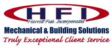 The image shows the logo of Harrell-Fish Incorporated, which is primarily comprised of "hfi" written in large blue letters that are enclosed within a red oval. The company's full name along with their tagline, "mechanical & building solutions - truly exceptional client service", appears beneath the red oval.