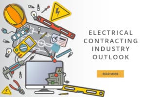 button.

Alt text: Illustrative banner depicting elements of the electrical contracting industry including tools, a laptop, and electrical symbols. The design converges around central themes of industry outlook, encapsulated by images of a basketball, lightning bolt and gears. A "read more" button prompts further engagement with the content.