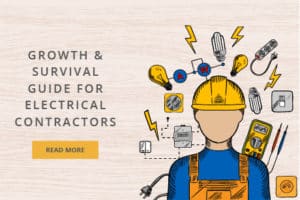 A mechanical contractor adorned in safety gear is surrounded by icons symbolizing tools, electrical equipment and light bulbs, representing a guide to growth and survival in the industry.