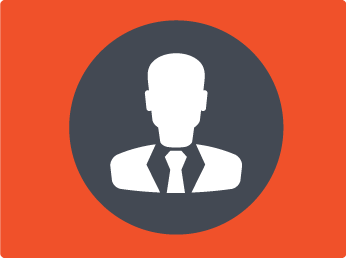 Alt text: Icon of a professional, bald male figure in a suit and tie, within a dark grey circle on an orange backdrop - representative of our specialized services for mechanical contractors.