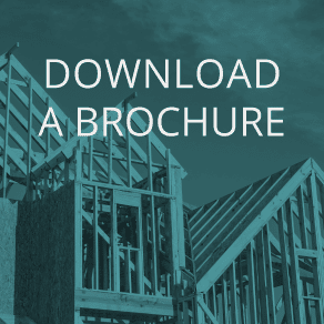Alt text: "Graphic illustration of a building under construction with wooden beams and posts, overlaid with a teal image featuring white text inviting users to download a brochure from Jonas Construction Software.