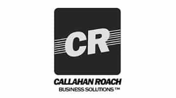 The image depicts the Callahan Roach Business Solutions logo, which is targeted towards mechanical contractors. The logo includes a black square containing three white horizontal lines intersecting the thick stylized letters "cr". Beneath this design element, the words "callahan roach business solutions™" are spelled out in crisp, professional lettering.