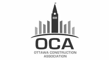 Alt text: Logo for the Ottawa Construction Association featuring a stylized city skyline silhouette, with a central skyscraper standing out. The bold initials "OCA" are displayed beneath, followed by the full association name written in smaller font size.