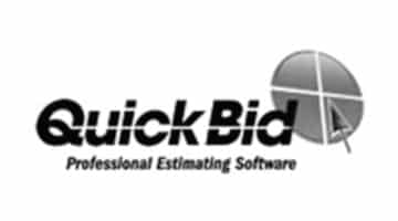 Alt text: Logo for "Quick Bid" Construction Software, featuring stylized text and a graphic of a split circle resembling half pie chart in monochrome color scheme.