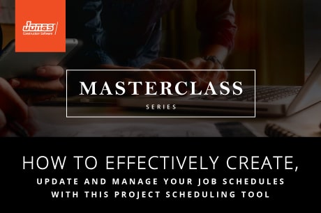 Alt text: A professional browsing a laptop for the ''Masterclass Series'' advertisement by Jonas Construction Software, featuring steps on managing job schedules effectively with our specialized construction software.