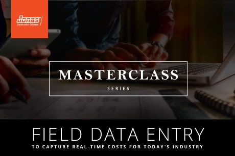 alt description: "Hands rapidly typing on a laptop, promoting Jonas Construction Software's 'Field Data Entry' masterclass series. The dark, blurred background contains relevant text overlays regarding the event details.
