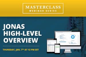 Promotional banner showcasing a webinar titled 'Jonas High-Level Overview' for mechanical and specialty contractors, scheduled to be hosted on Thursday, Jan. 7th at 12 PM EST.