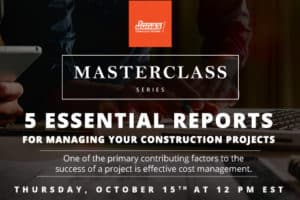 Alt text: An engaging advertisement featuring a masterclass series titled "5 Essential Reports for Managing Your Construction Projects." A magnifying glass graphic hovers over a pile of construction blueprints emphasizing the course's focus on cost management. Key event details like the schedule information in October are included, targeting specialty contractors.
