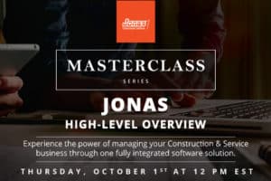 a keynote speaker with a blueprint in hand. The image is decorated with autumn leaves to match the October theme. Alt Text: "Promotional image for Jonas Construction Software Masterclass Series scheduled on October 1 at 12 PM EST, featuring a keynote speaker holding a blueprint, surrounded by autumn foliage decoration.