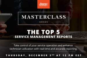 Advertising banner for a masterclass webinar by Jonas Construction Software. The webinar is named 'The Top 5 Service Management Reports' and will be held on December 3rd at 12 PM EST. Its focus is to help improve service operation and technician utilization with real-time reporting. Relevant graphics related to the construction industry are used throughout.