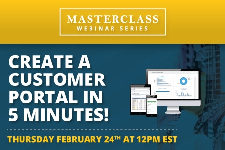 Alt text: A vibrant advertisement banner promoting Jonas Construction's Masterclass Webinar Series. The text highlights 'Create a Customer Portal in 5 Minutes!' indicating the session focus, set against a background of blueprint graphics symbolizing construction plans. Nearby, details show that the webinar is scheduled for Thursday, February 24th at 12 PM.