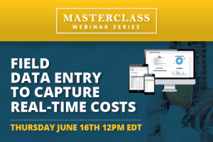 like a smartphone, tablet, and laptop displaying construction plans, analysis charts and real-time cost capture software screens from Jonas Construction Software suite. The backdrop is an abstract blueprint pattern.