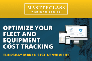 the webinar information displayed on the screen, a calendar marking the date of the webinar, and some construction equipment symbolizing fleet and cost tracking.