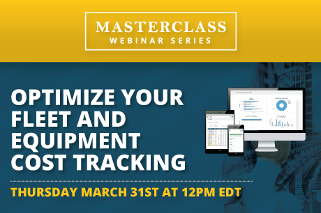 the webinar information displayed on the screen, a calendar marking the date of the webinar, and some construction equipment symbolizing fleet and cost tracking.