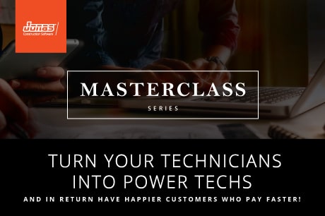 Alt text: A promotional banner illustrating a laptop with hands typing, symbolising our 'Jonas Construction Software Masterclass Series'. Overlay text promotes the transformation of ordinary technicians into highly skilled individuals leading to satisfied, prompt-paying customers.