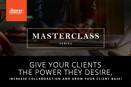 Alt text: Digital banner promoting Jonas Construction Software Masterclass Series. The image features a pair of hands typing on a laptop keyboard, indicating online accessibility and convenience. The accompanying text encourages mechanical contractors to propel business growth by empowering their clients through using our software solutions.