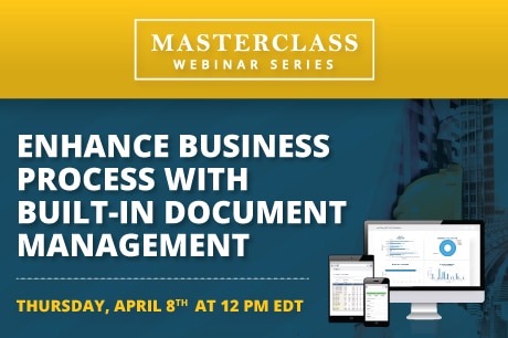 an image of a laptop displaying a Jonas Construction Software interface.

Alt text: "Promotional banner showcasing a scheduled masterclass webinar titled 'Enhance Business Process with Built-In Document Management' on Thursday, April 8th at 12 PM EDT. The banner features an image of a cityscape and a laptop showing the Jonas Construction Software interface.