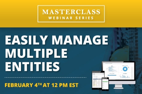 graphs, a calendar and a computer.

Alt text: "Promotional banner highlighting a blue and yellow themed masterclass webinar title 'Easily Manage Multiple Entities,' showing images of analytical graphs, a calendar marked with February 4th at 12 PM EST, and a computer for illustrating the online nature of the session.