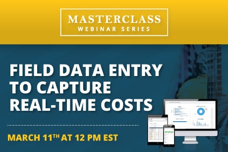 screen visual with the left side showing a construction site with various workers in hard hats, and the right side showcasing a screenshot of Jonas Construction Software's fields for data entry. This portion includes fields such as "materials-expense," "labor-hours," and "equipment-used." The title of the masterclass is prominently displayed on top in bold, white font against a dark blue backdrop, while details of the date and time are neatly positioned below in smaller font.