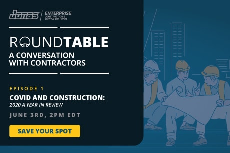 Alt text: Three construction workers engrossed in a discussion, poring over a plan table, with an expansive cityscape stretched out in the background. Graphic promotes Jonas Construction roundtable episode 1 focused on 'COVID and Construction: 2020 Year in Review'.