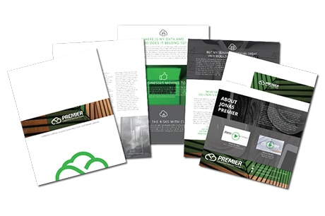 Alt text: A variety of marketing material such as brochures, flyers, and business cards intended for mechanical contractors. The materials feature contemporary graphics predominantly in shades of green, white, and black. They prominently display both the company logos and informational text about Jonas Construction Software’s features like Accounting/Payroll, Job Project Management etc., which aid in automating construction industry tasks.