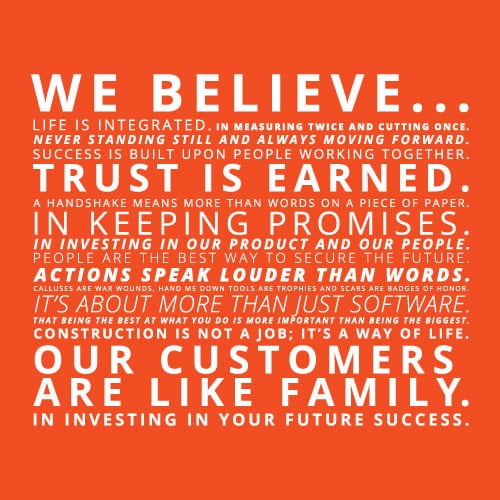 Alt text: A vibrant orange background features bold white text stating positive affirmations about progress, trust, and treating customers like family. Underlying themes focus on continuous improvement and collaboration in the construction industry.