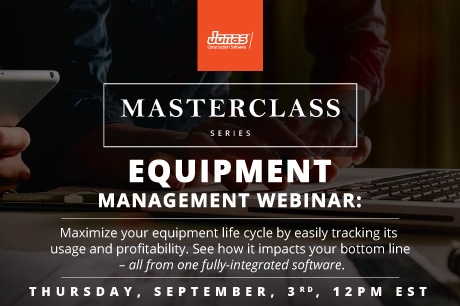 of the webinar are also displayed.

Alt text: A promotional image for Jonas Construction Software's masterclass on equipment management featuring a mechanical contractor working on a laptop to maximize equipment lifecycle. The webinar's date and time details are displayed prominently.